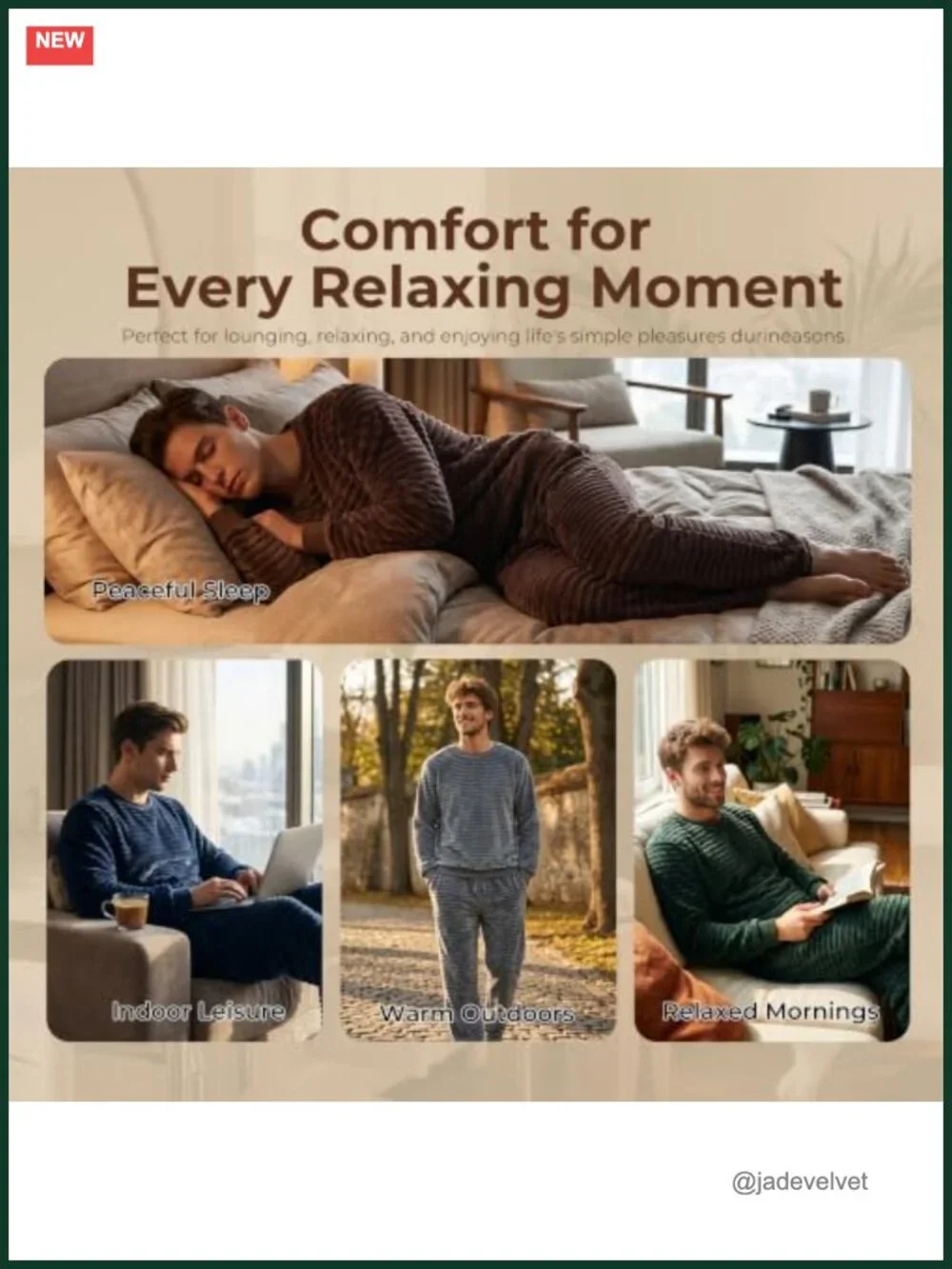 Men's Fleece Pajama Set Long Sleeve Lounge Crew Neck Warm Winter Loungewear